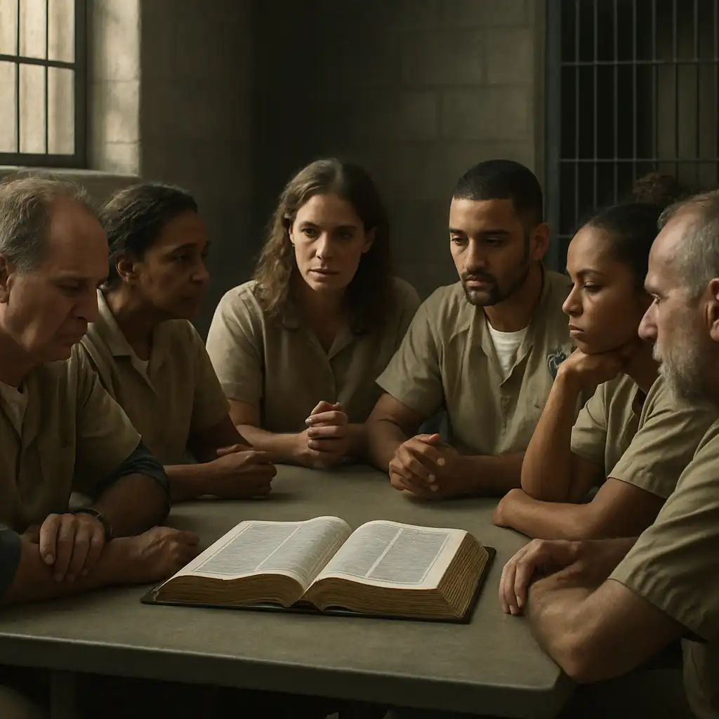 Group of individuals in prison uniforms sitting at a table with an open book in a dimly lit room.