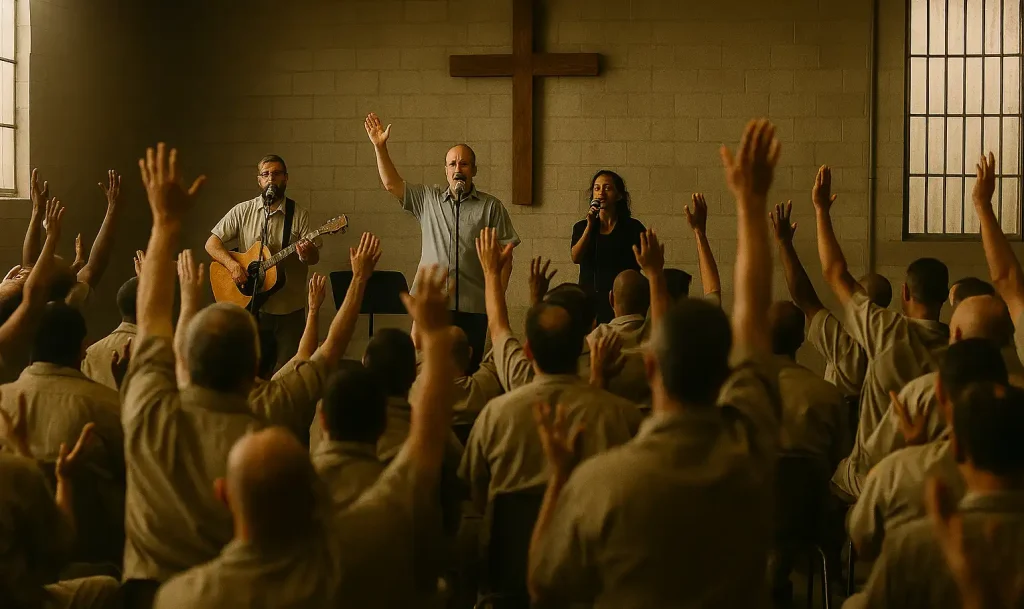 Incarcerated men seated in a prison chapel raise their hands in worship as a ministry team leads music and prayer from a small stage. A wooden cross hangs behind the speakers, and barred windows line the room, capturing a moment of spiritual connection and hope within confinement.